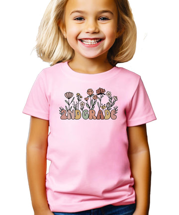 Floral 2nd Grade Shirt for Girls Cute Wildflower Boho Graphic Tee for Kids Natural Shirt Youth Medium