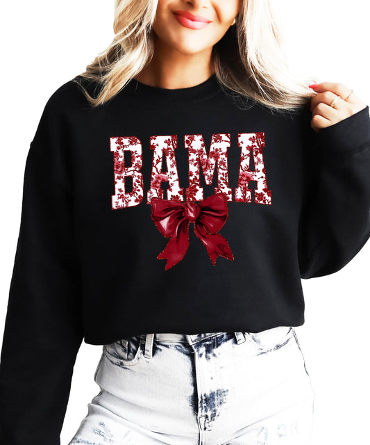Bama Sweatshirt with Crimson Coquette Bow Alabama School Pride Red Floral Sweater