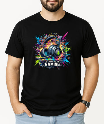 I Can't Hear You I'm Gaming Unisex Shirt Gamer Headset Neon Splatter Adults & Kids TShirt