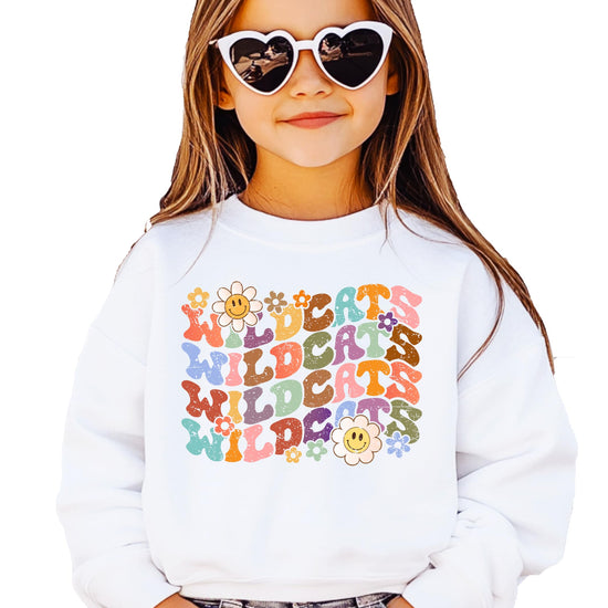 Close-up of retro Wildcats text design in vibrant rainbow colors on gray sweatshirt