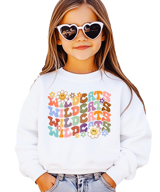Close-up of retro Wildcats text design in vibrant rainbow colors on gray sweatshirt