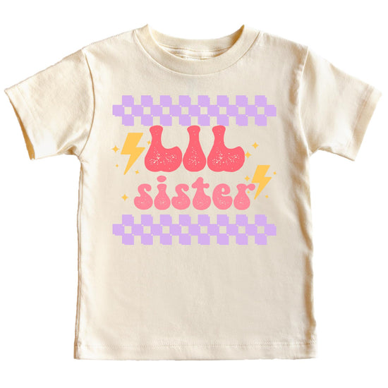 Toddler girl wearing little sister retro lightning shirt for sibling reveal