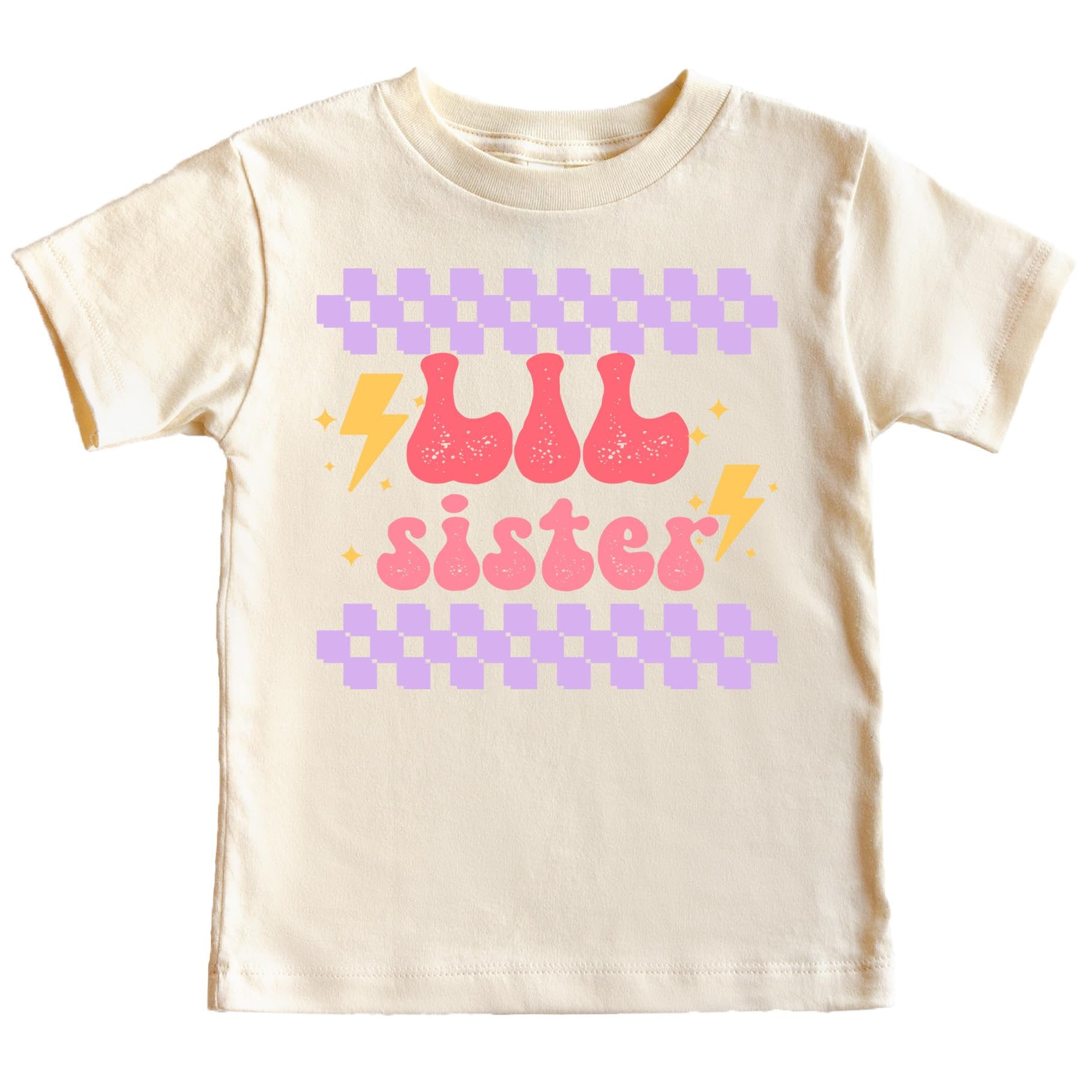 Toddler girl wearing little sister retro lightning shirt for sibling reveal