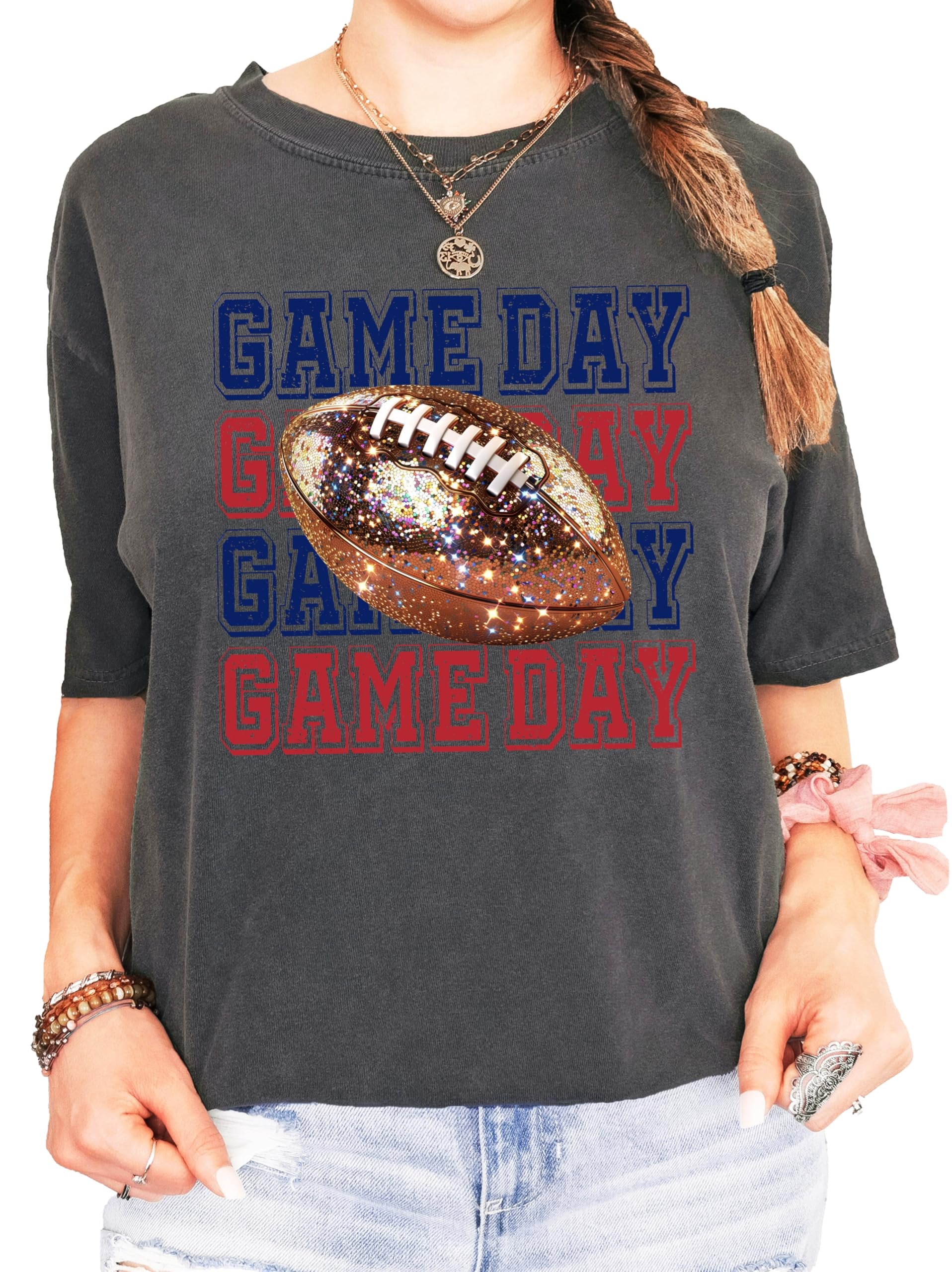 Front view of blue and red football game day shirt with stacked glitter graphic lettering