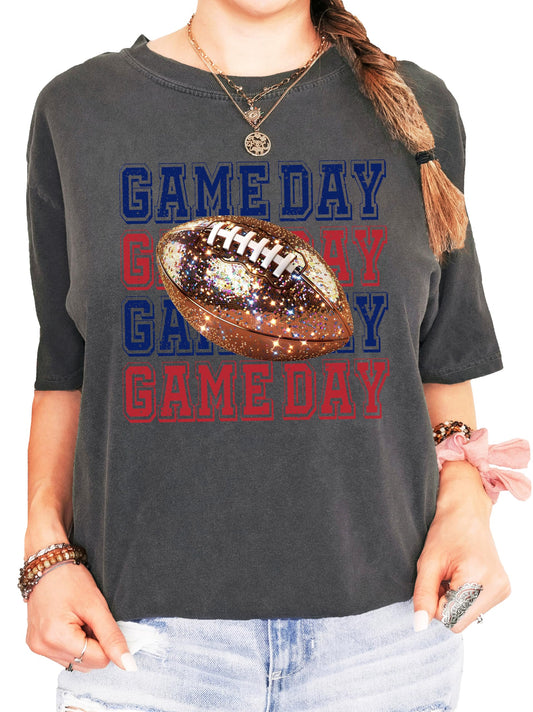 Front view of blue and red football game day shirt with stacked glitter graphic lettering