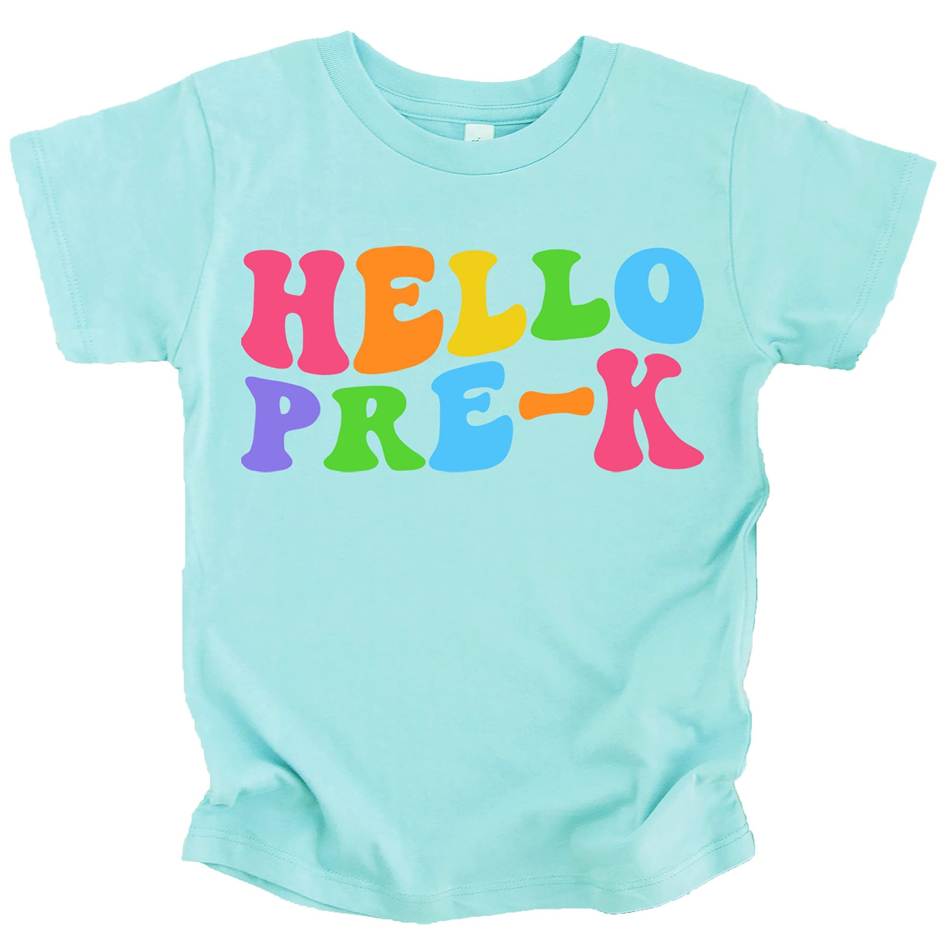 Child wearing Hello Pre-K purple graphic shirt for first day of school