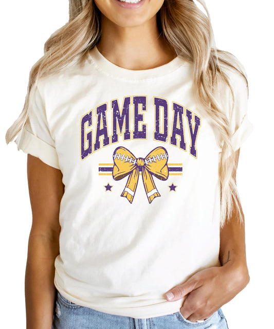 Purple and Gold Game Day Shirt for Women, Teens & Kids Team Colors Football Bow Graphic Tee
