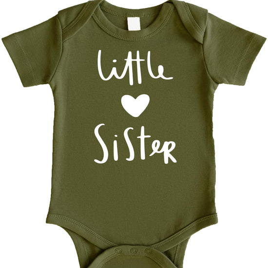 Little Sister baby bodysuit with heart design — newborn sibling outfit by Olive Loves Apple