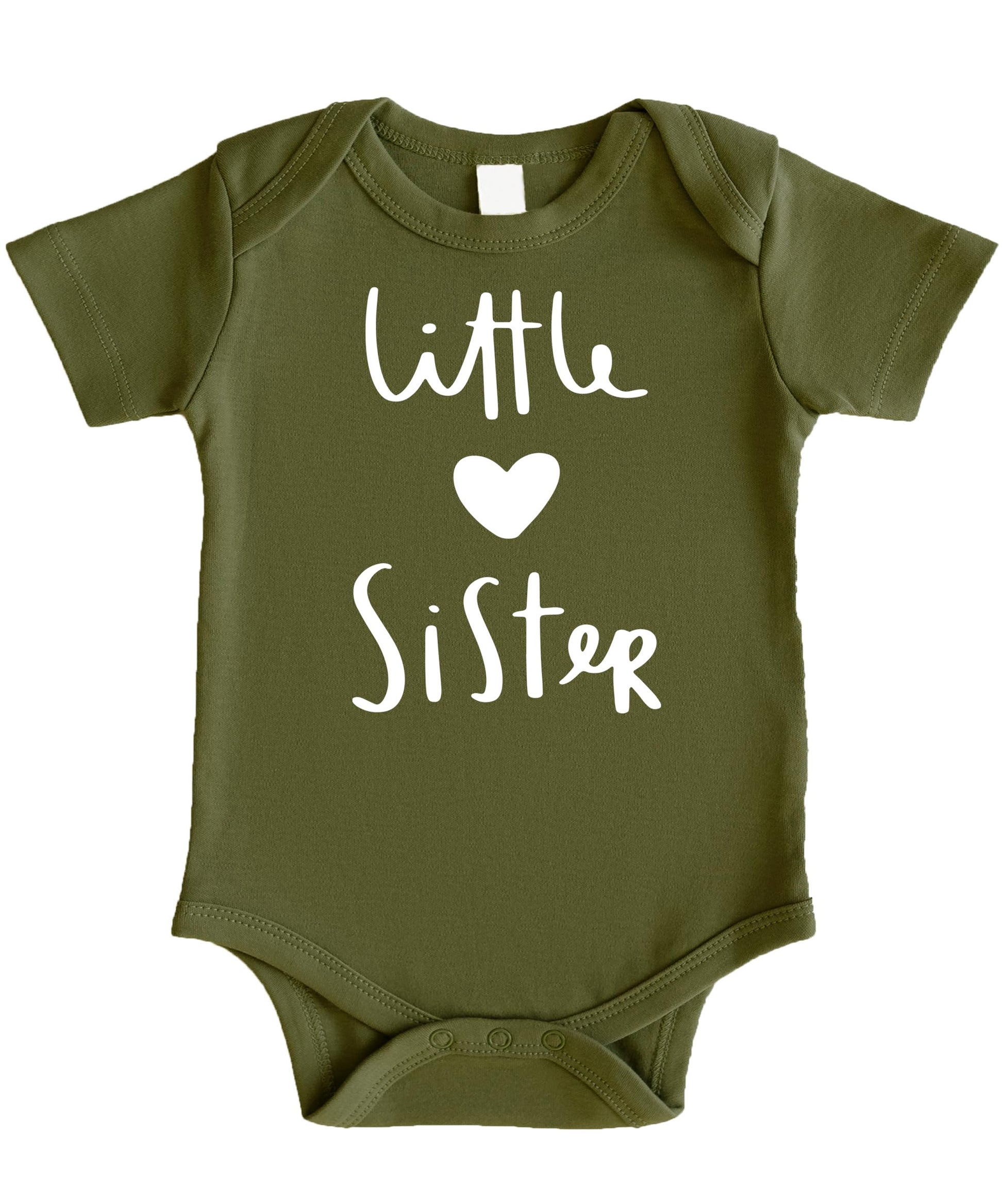 Little Sister baby bodysuit with heart design — newborn sibling outfit by Olive Loves Apple