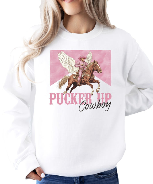 Flat lay of gray Pucker Up Cowboy sweatshirt showing full design