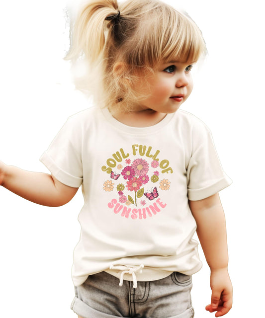 Soul Full Of Sunshine girls t-shirt with colorful floral design and retro typography on natural fabric