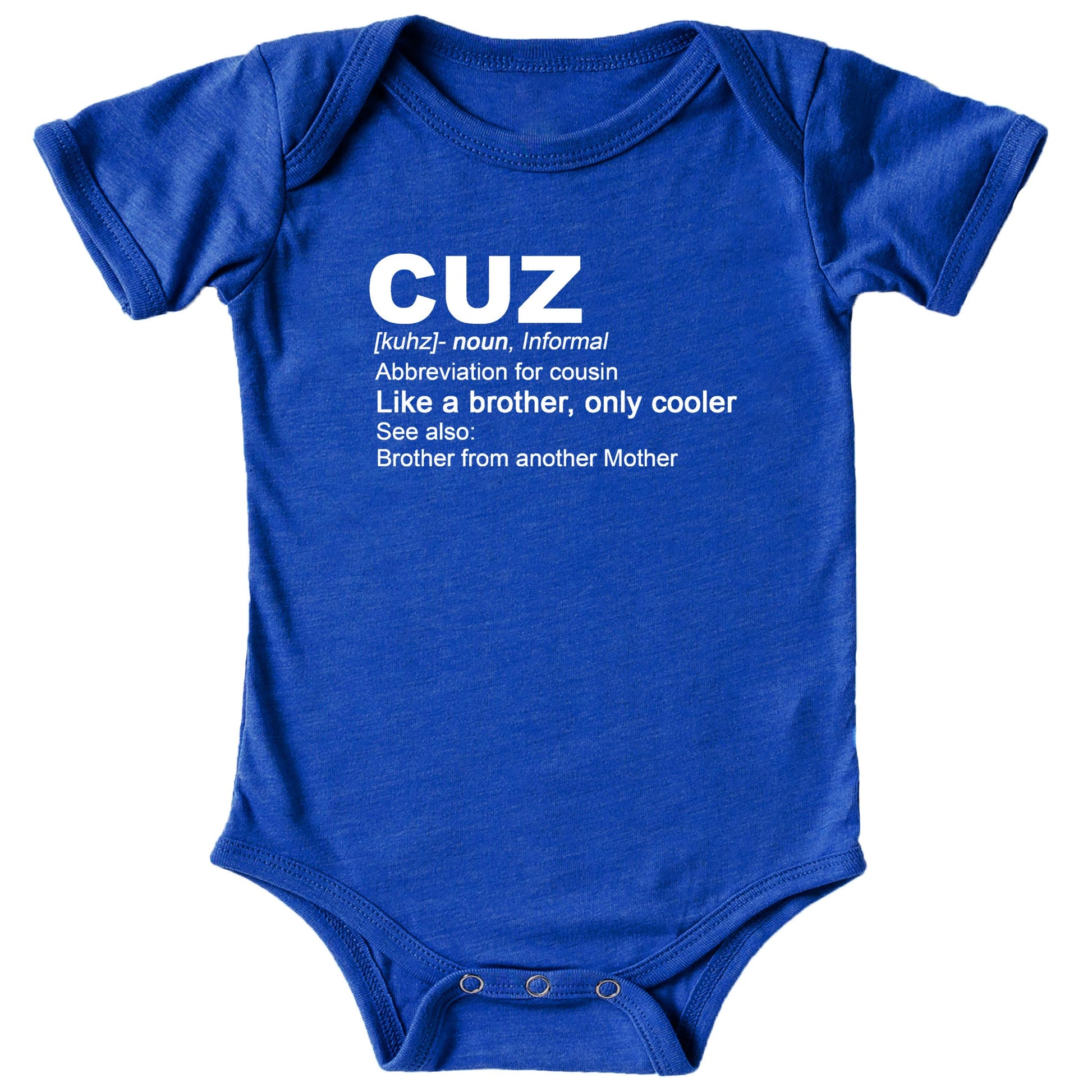 Close-up of Cuz Like a Brother Only Cooler graphic print on royal blue shirt