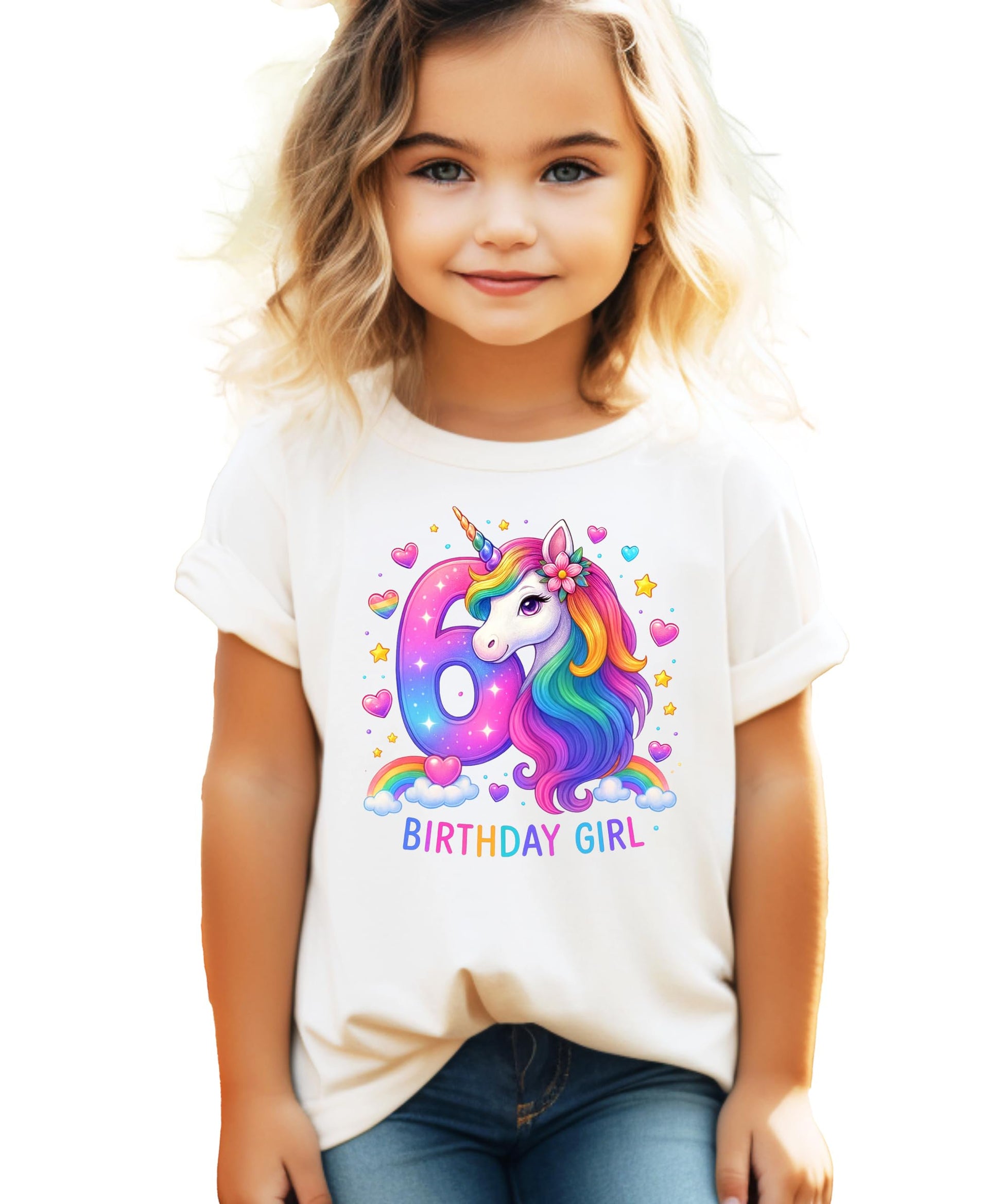 Front view of pink girls birthday shirt featuring colorful rainbow unicorn illustration