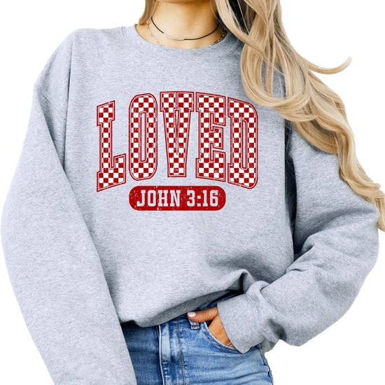 Youth girls gray sweatshirt featuring red checkered Loved John 3:16 Valentine's Day design