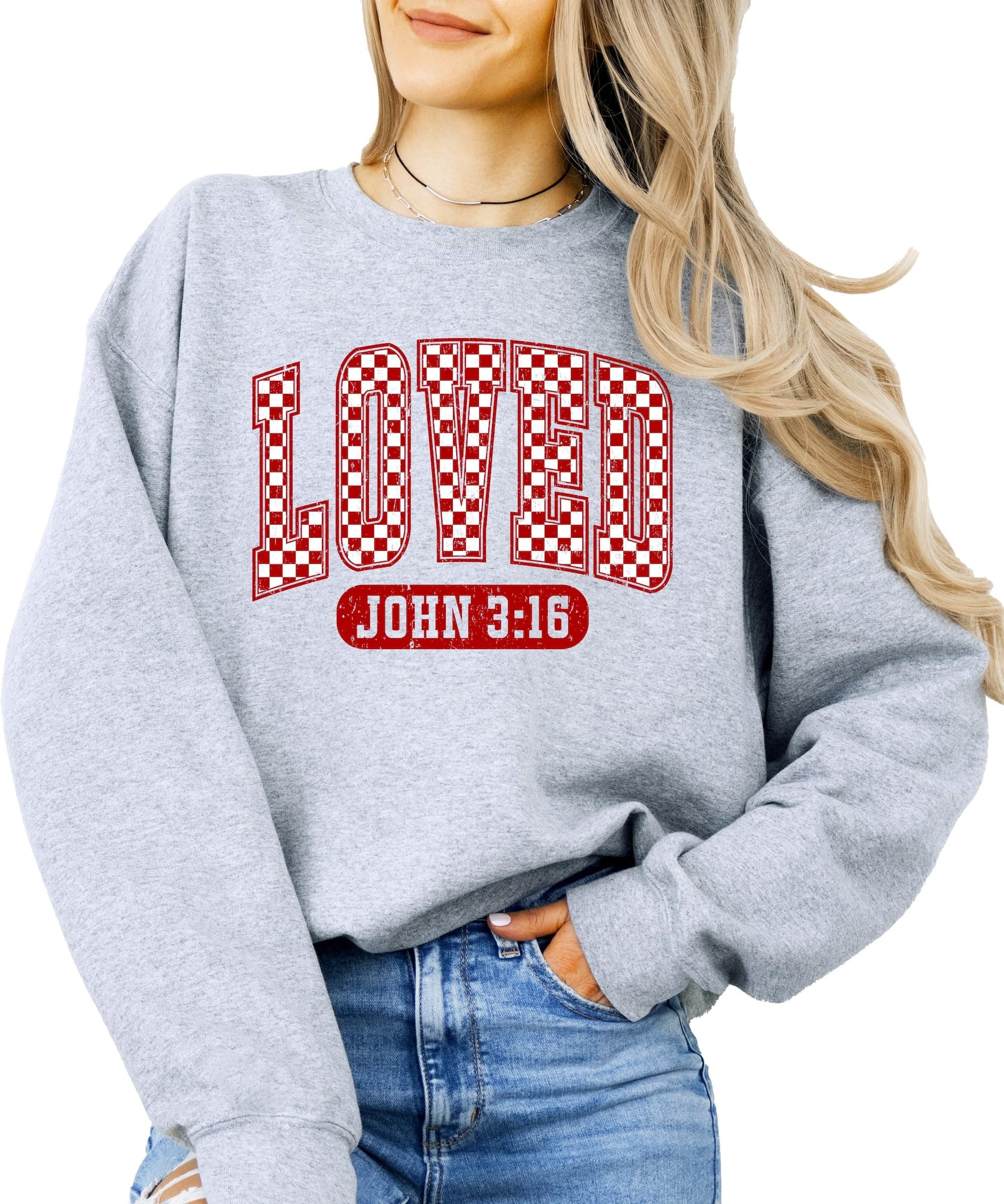 Youth girls gray sweatshirt featuring red checkered Loved John 3:16 Valentine's Day design