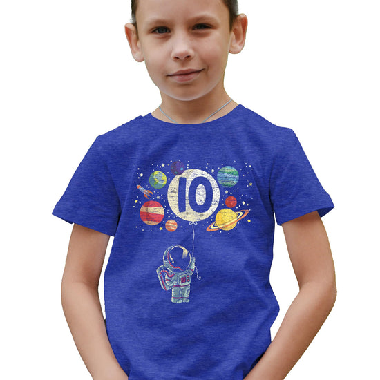 Boys 10th birthday astronaut graphic tee with colorful planets and number 10 balloon design