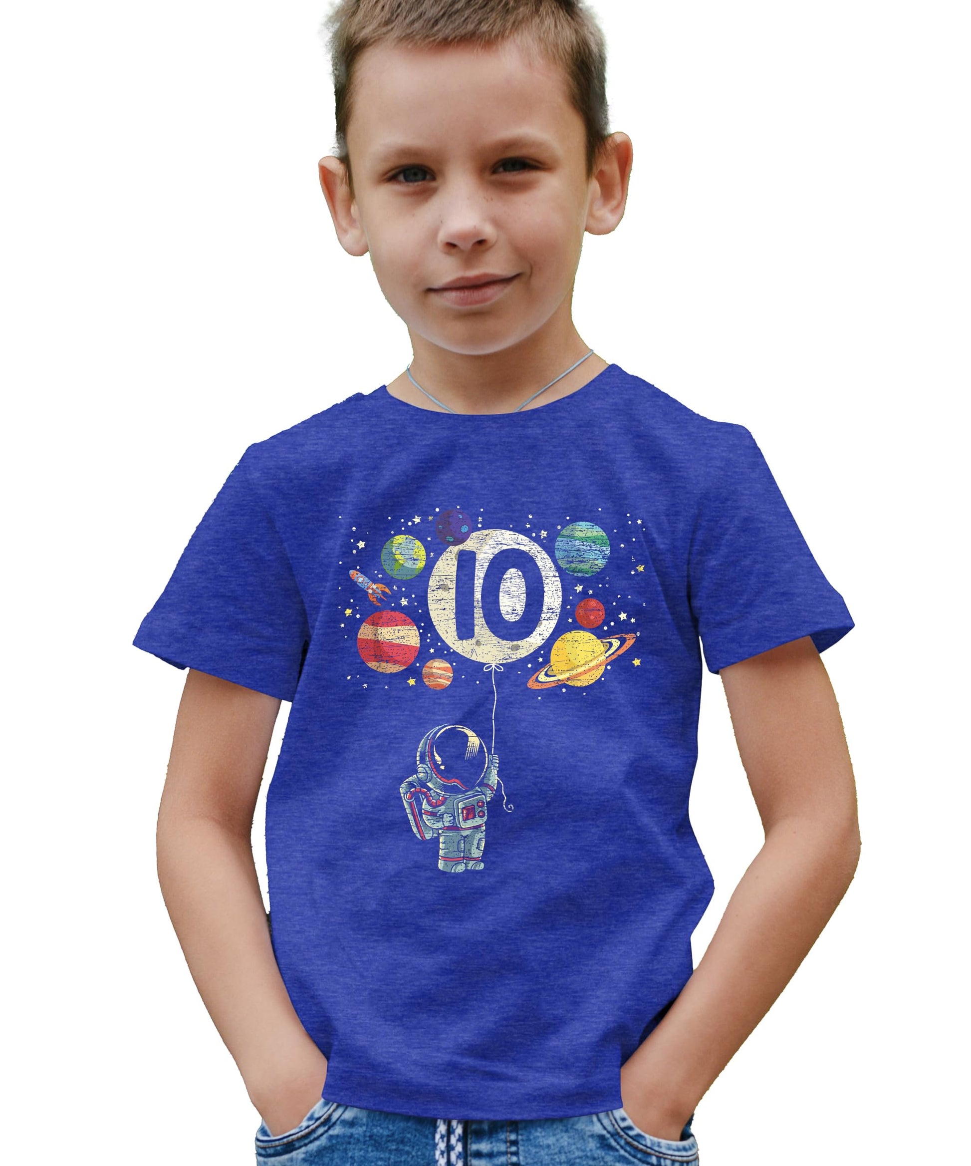 Boys 10th birthday astronaut graphic tee with colorful planets and number 10 balloon design