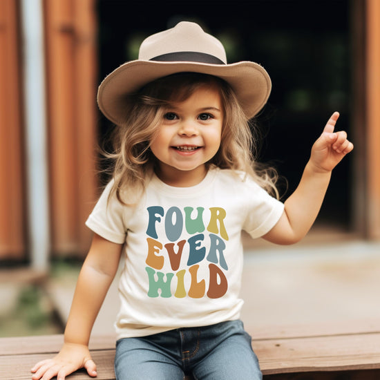 Four Ever Wild fourth birthday shirt styled as a complete toddler birthday outfit
