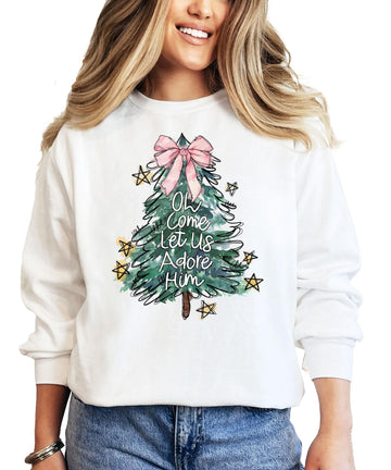 Christmas Tree with Pink Bow Topper Sweatshirt Oh Come Let Us Adore Him Pullover