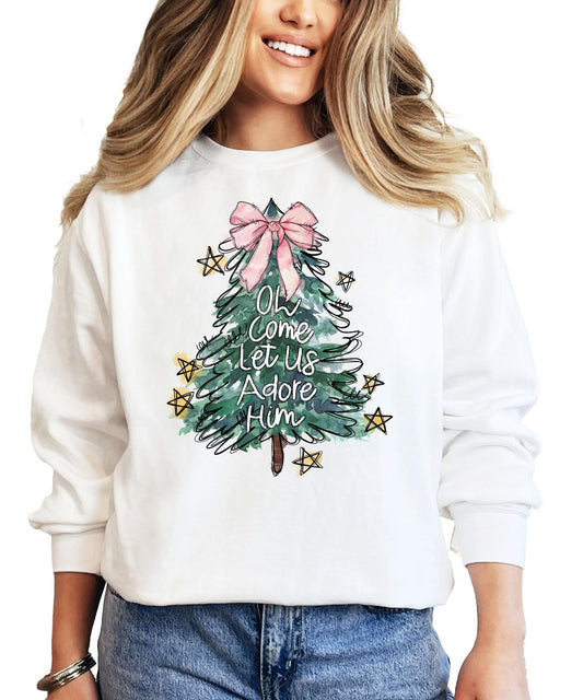 Christmas Tree with Pink Bow Topper Sweatshirt Oh Come Let Us Adore Him Pullover