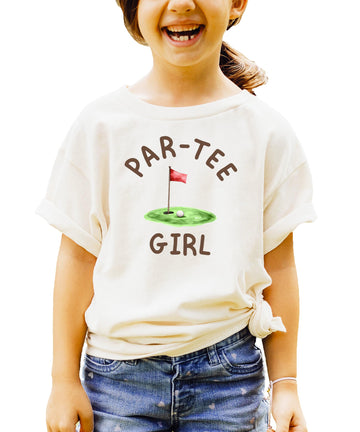 Par-Tee Girl golf birthday graphic tee for kids and toddlers in natural color