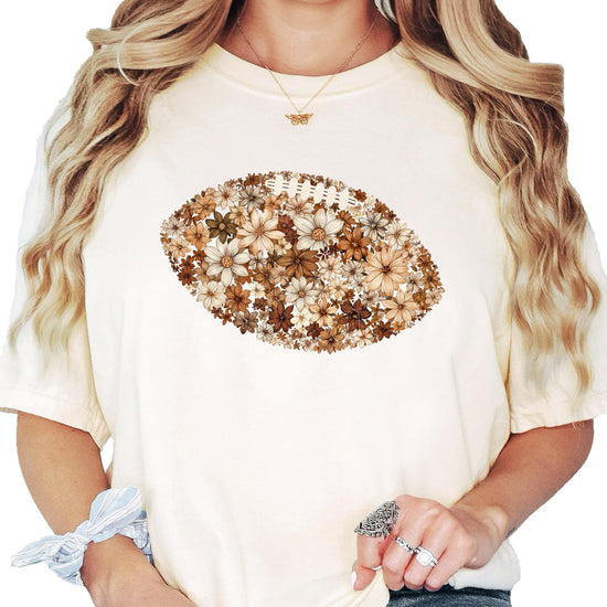 Back view of floral football t-shirt showing overall design placement