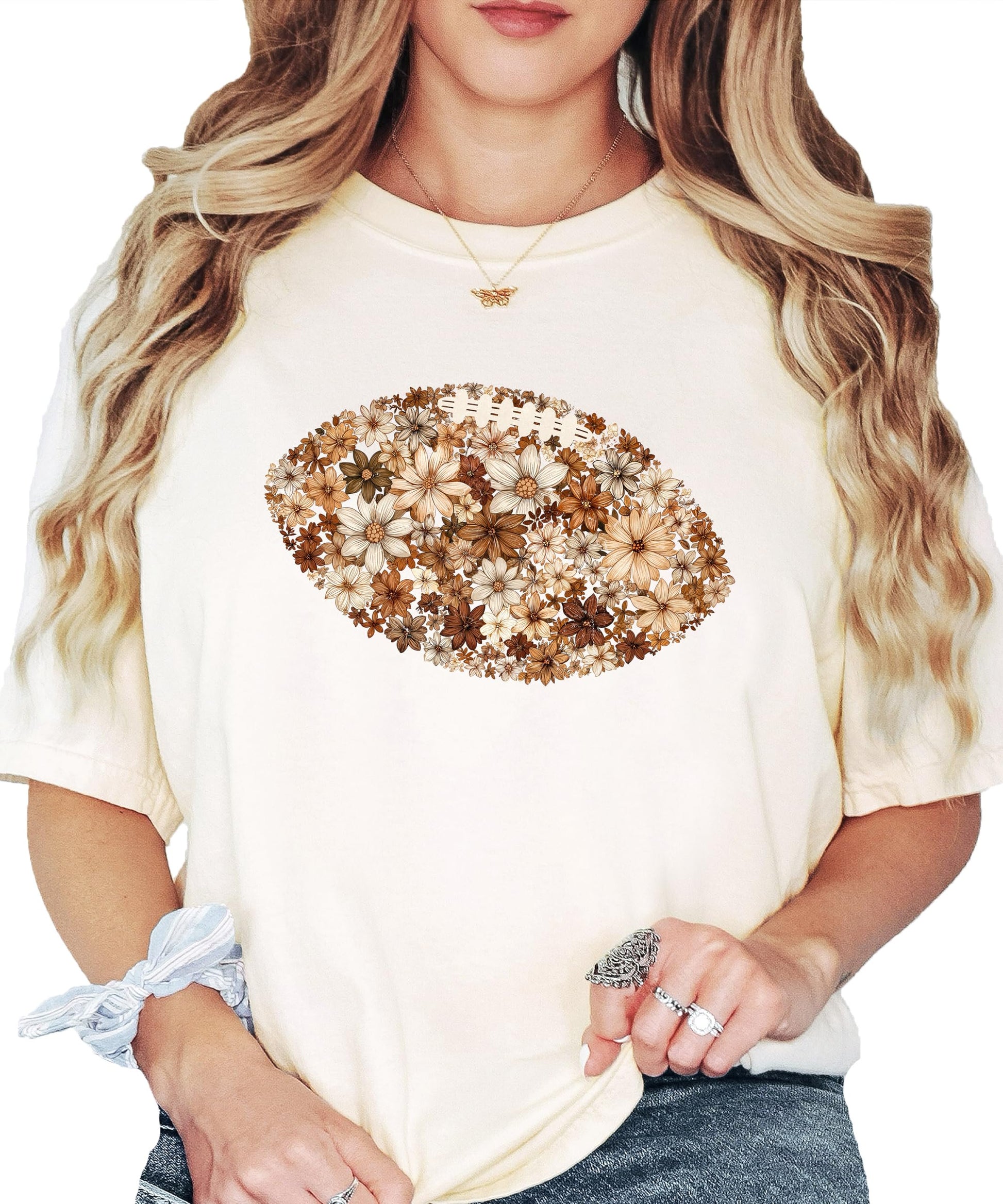 Back view of floral football t-shirt showing overall design placement