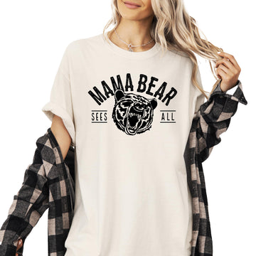 Mama Bear Sees All funny sarcastic graphic tee for women in pepper color, front view