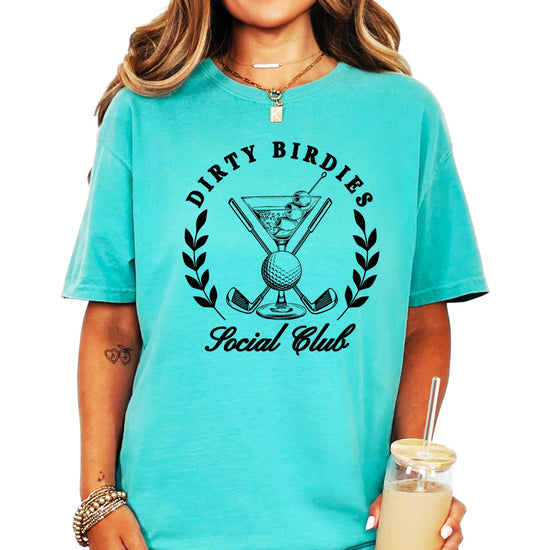 Dirty Birdies Social Club women's golf shirt – relaxed fit shown from front angle