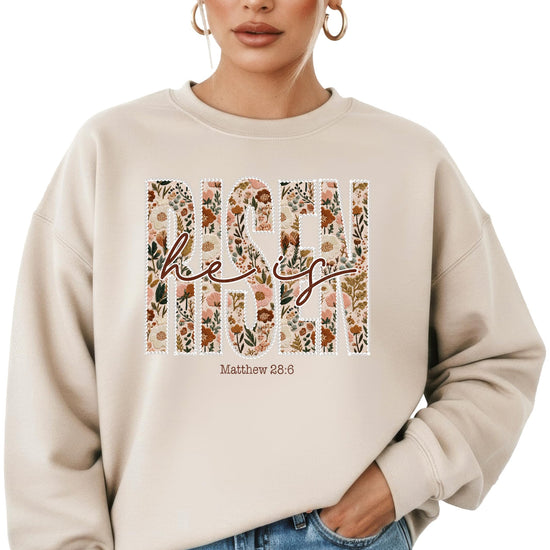Side view of women's He Is Risen easter pullover sweatshirt showing fit and silhouette