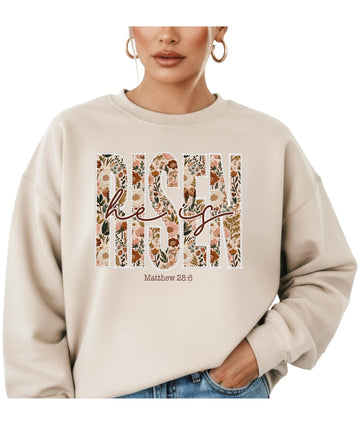 Side view of women's He Is Risen easter pullover sweatshirt showing fit and silhouette