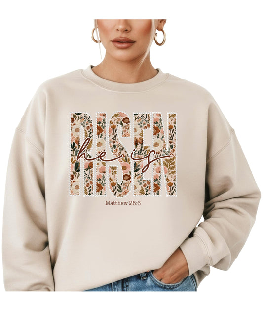 Side view of women's He Is Risen easter pullover sweatshirt showing fit and silhouette