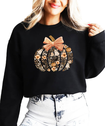 Floral Halloween Pumpkin Sweatshirt for Women, Teens & Kids Ghosts, Flowers and Bow Sweater White Sweatshirt Youth XS