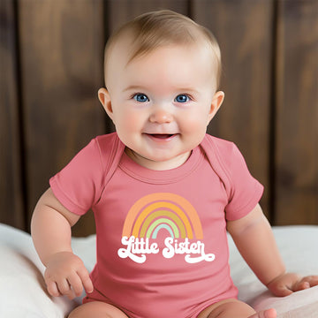 Retro Rainbow Little Sister Sibling Reveal Baby Bodysuit