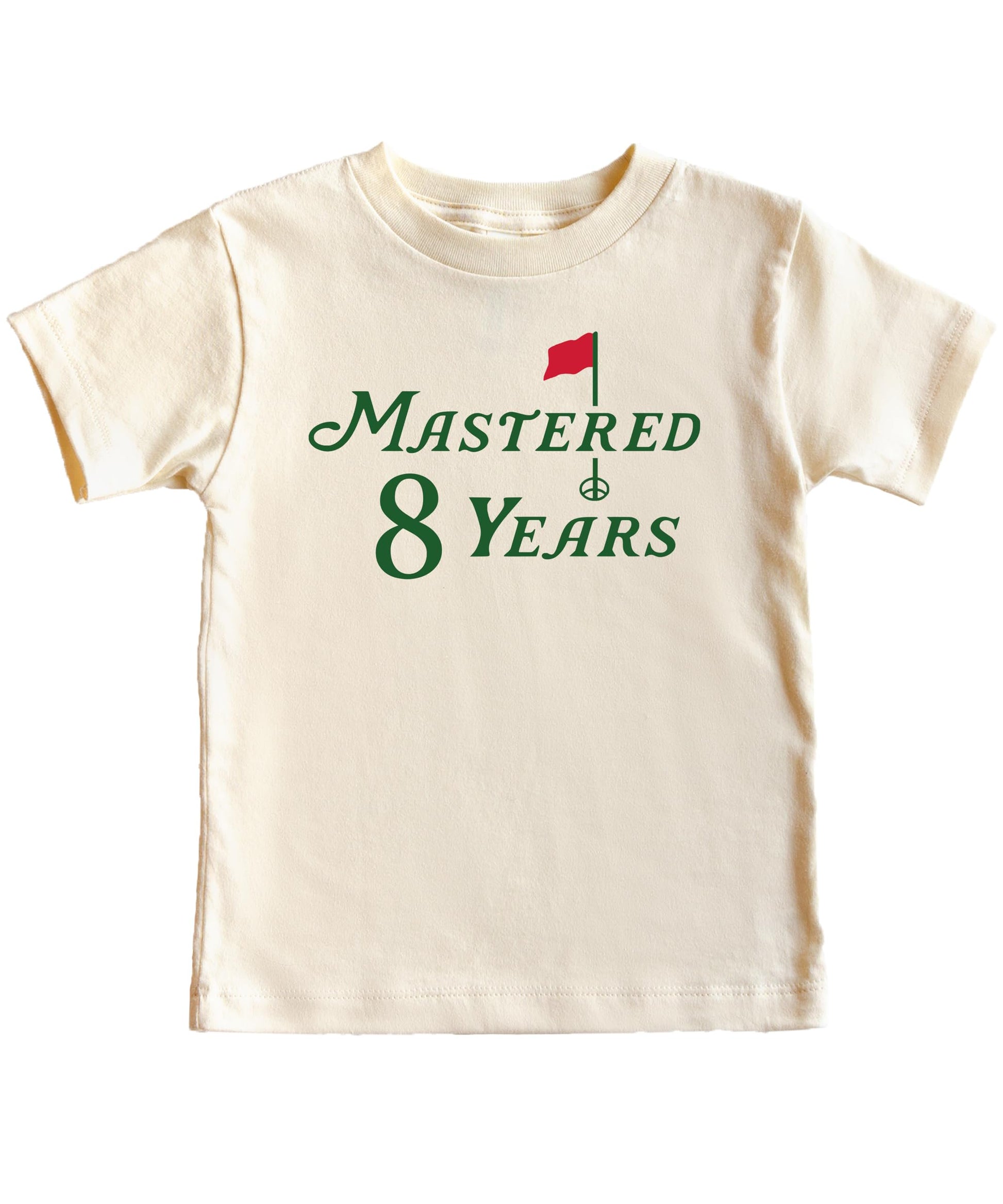 Youth Mastered 8 Years birthday tee with golf pun graphic on natural fabric