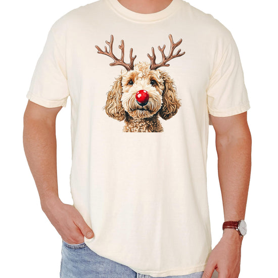 Goldendoodle Christmas tee laid flat showing full reindeer graphic and shirt color