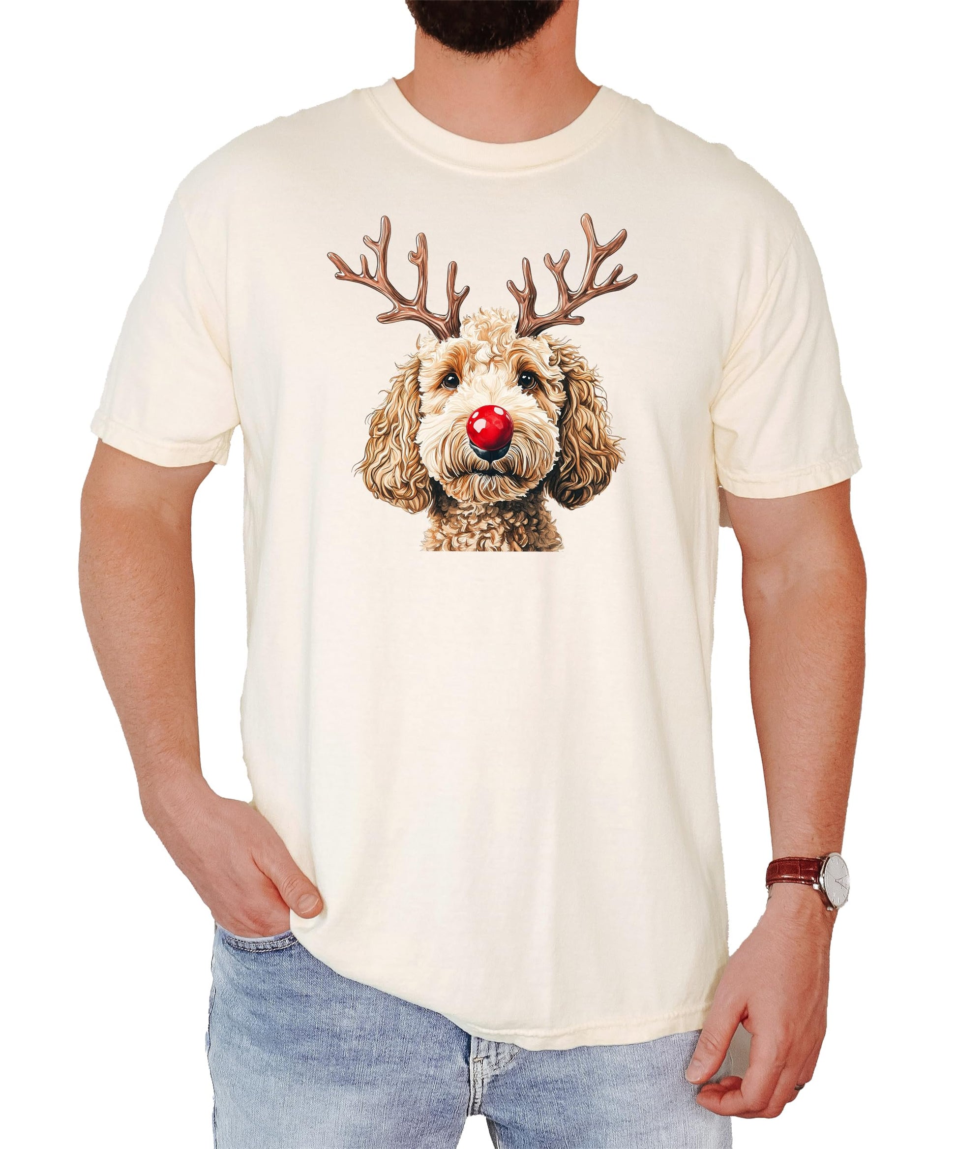 Goldendoodle Christmas tee laid flat showing full reindeer graphic and shirt color