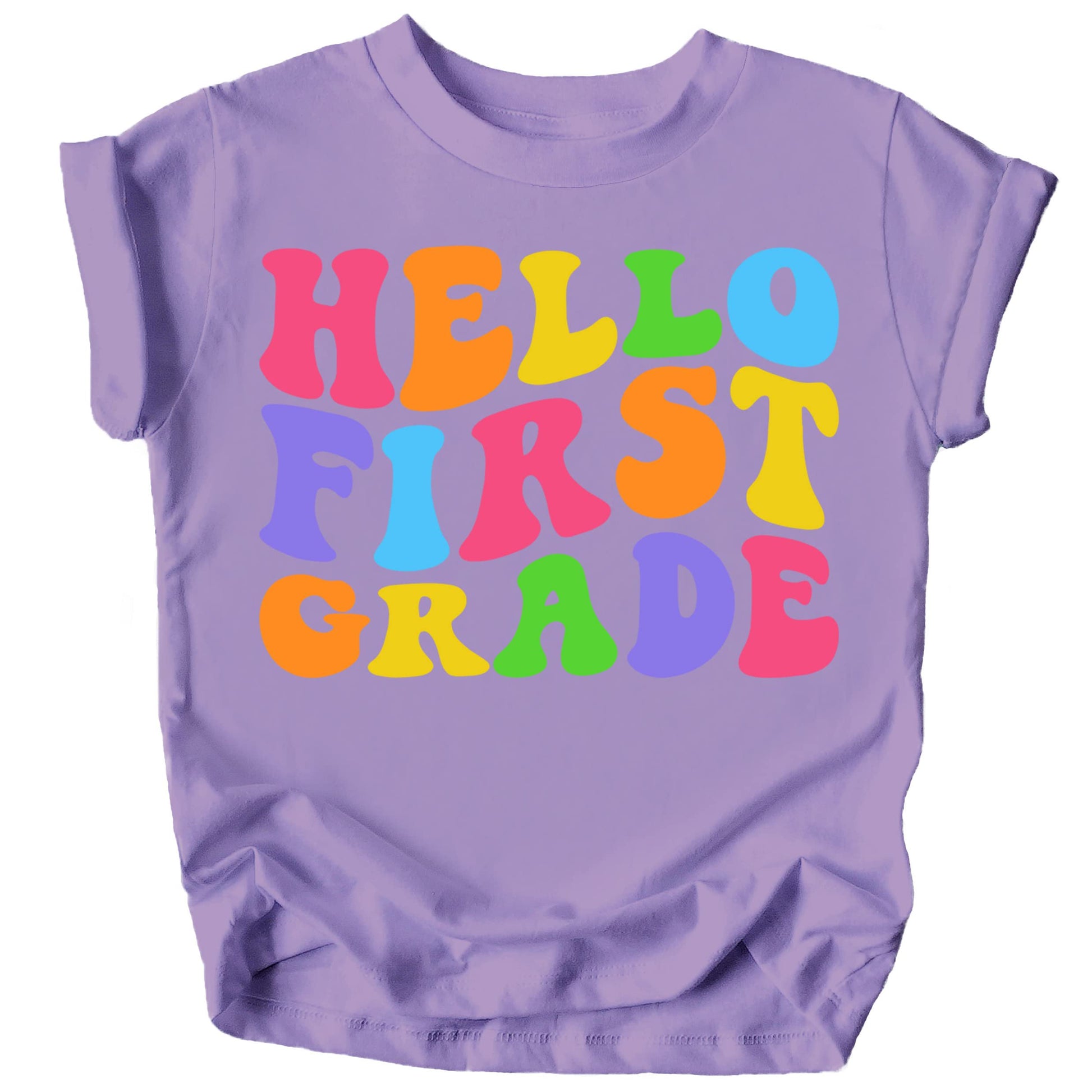 Hello 1st Grade back to school gift shirt in purple laid flat