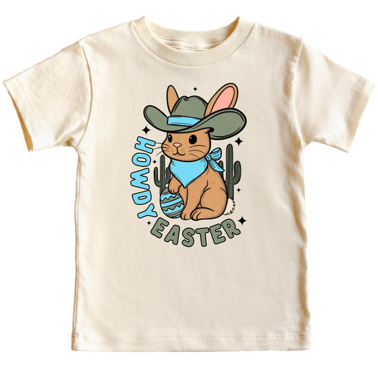 Boys natural graphic tee with blue and green desert Easter bunny wearing a cowboy hat surrounded by cactus