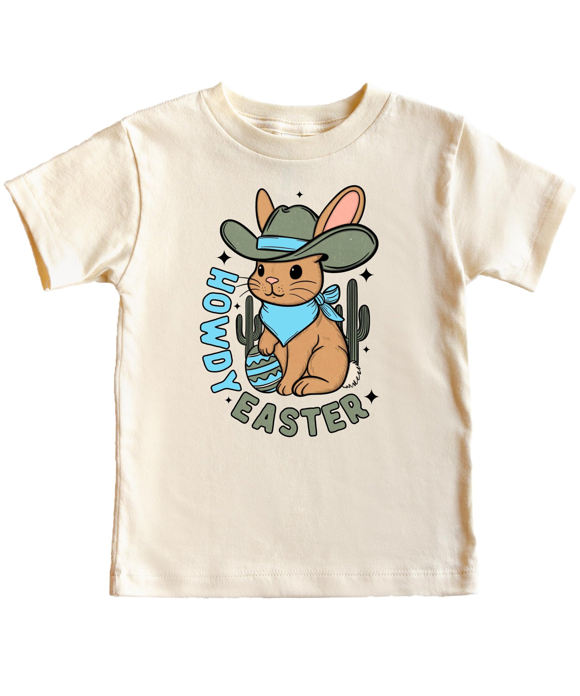 Boys natural graphic tee with blue and green desert Easter bunny wearing a cowboy hat surrounded by cactus
