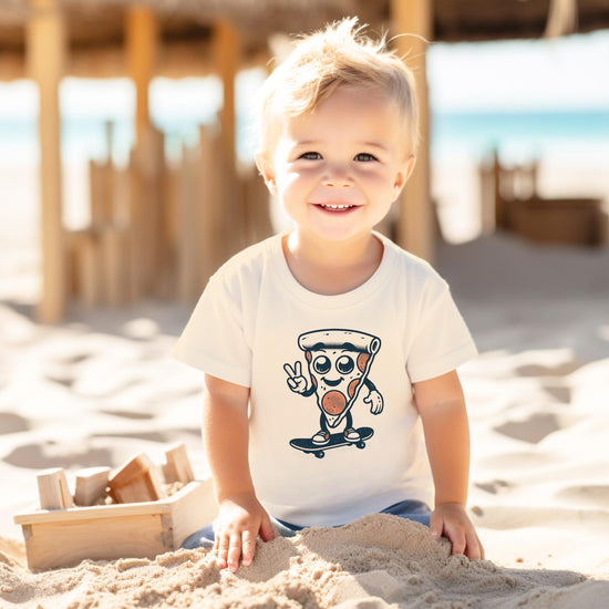 Side angle of toddler pizza birthday shirt showing print quality and natural fabric tone