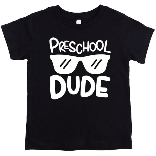 Boy's vintage-style preschool dude graphic tee with sunglasses design for first day of school