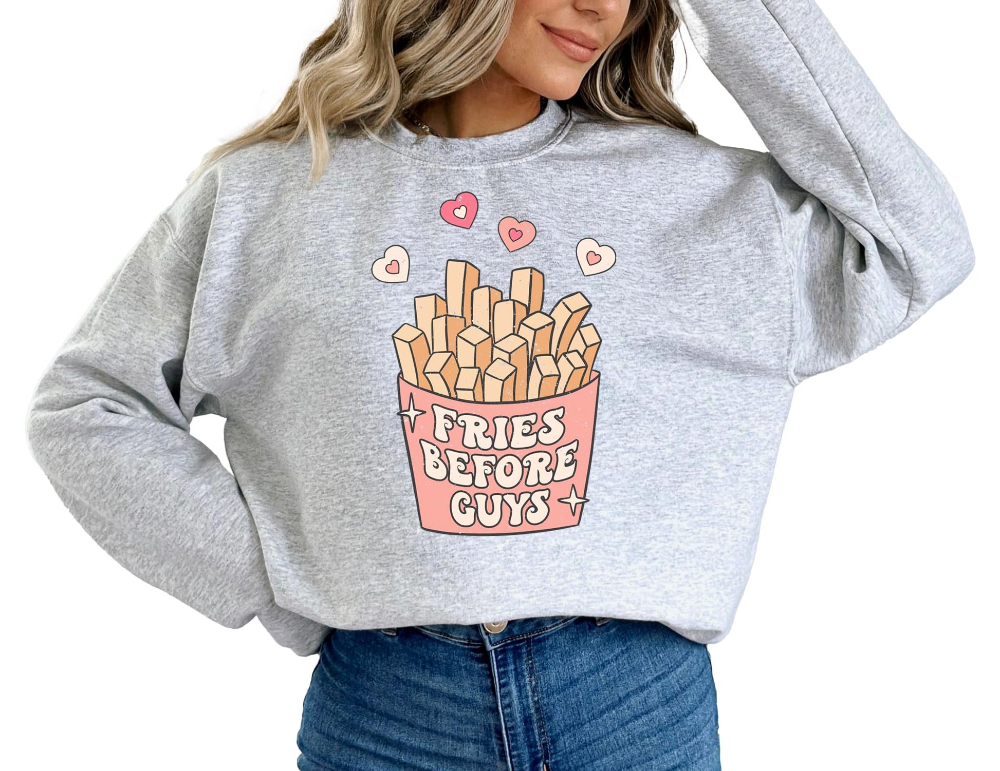 Flat lay of gray Fries Before Guys funny Valentine's sweatshirt by Olive Loves Apple