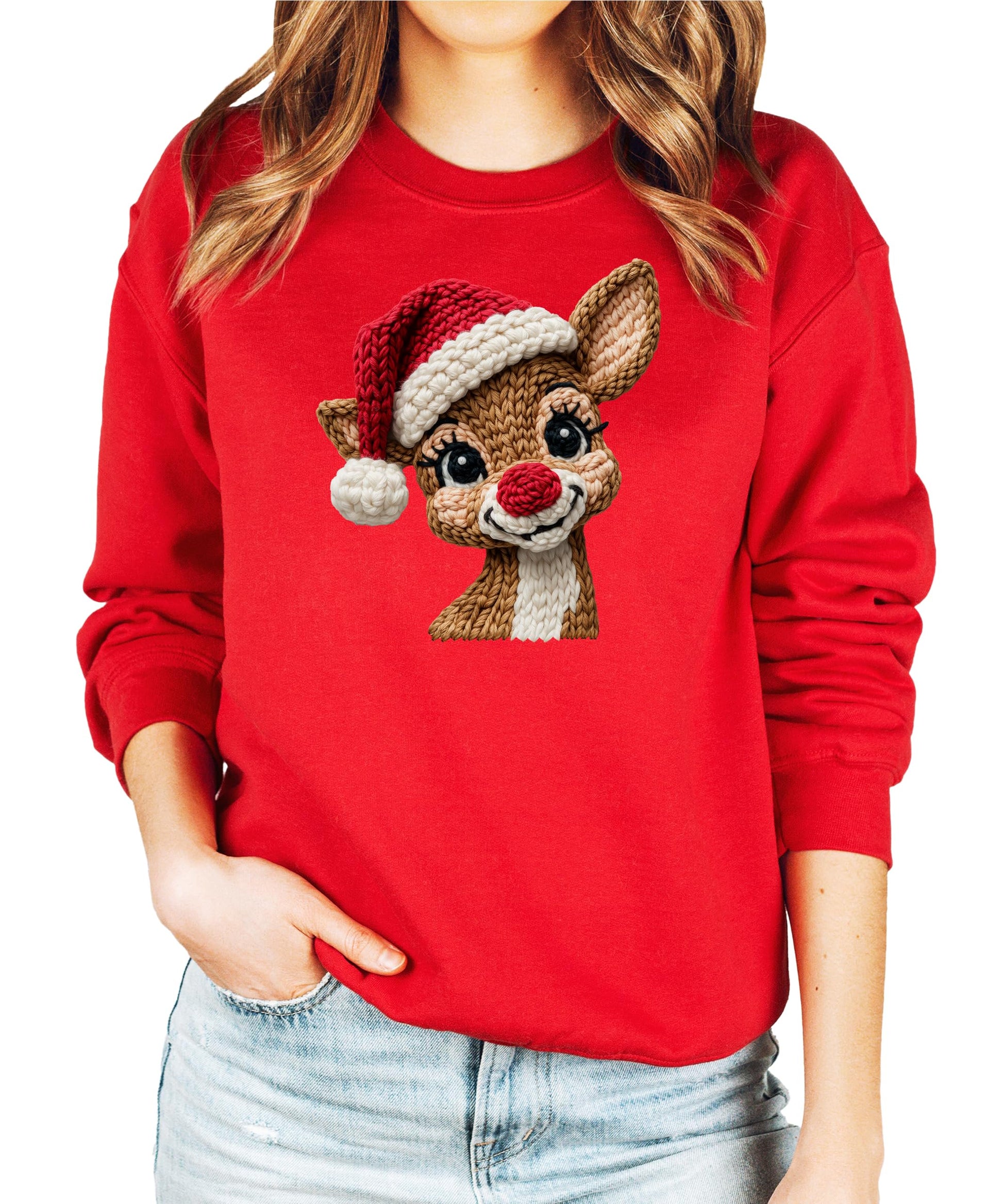 Close-up of festive reindeer yarn patch print on a cozy white holiday sweatshirt