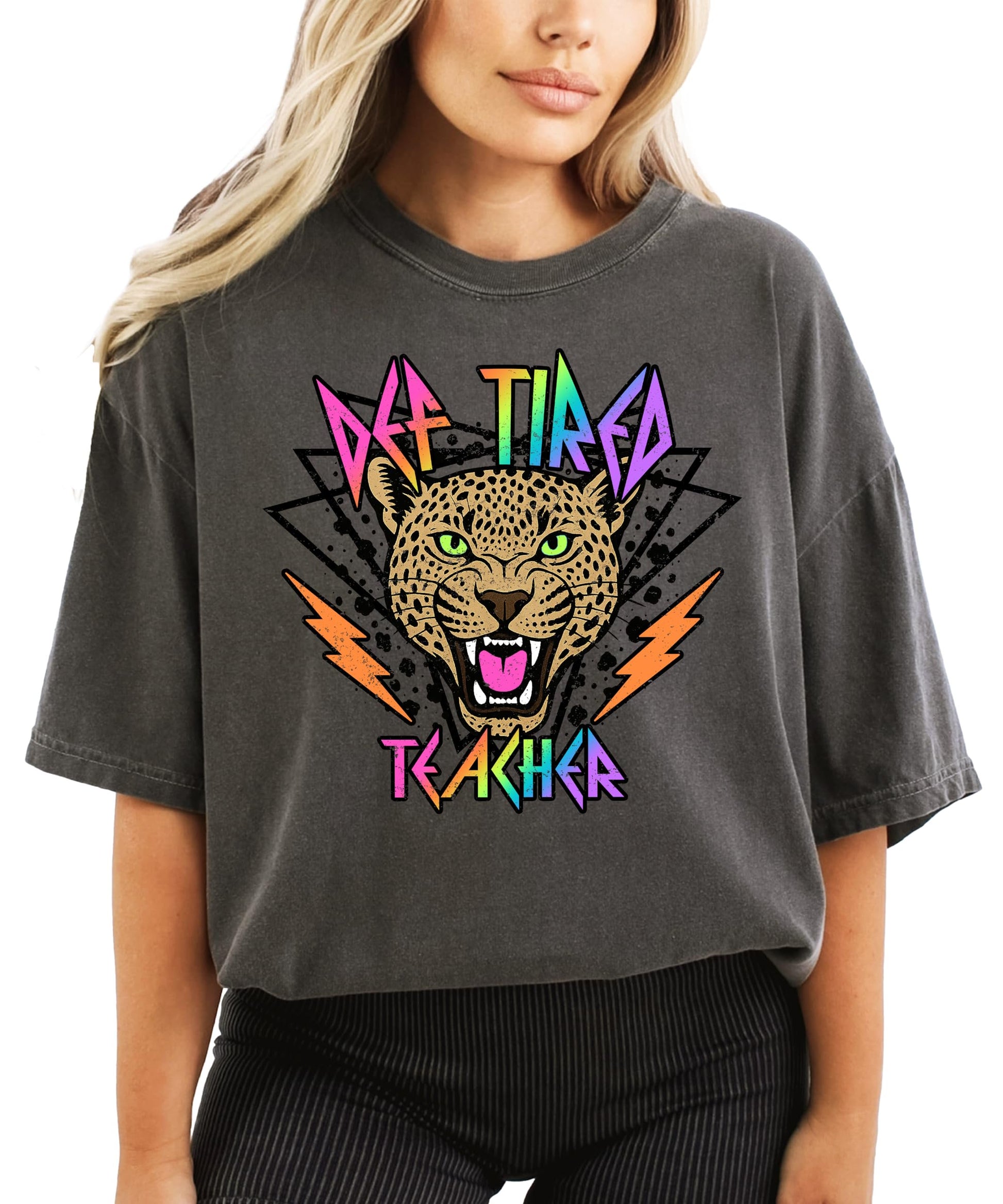 Side or back view of Def Tired Teacher graphic tee showing relaxed unisex fit