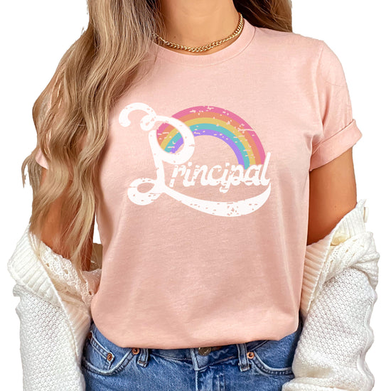 Close-up of rainbow fun principal graphic on black women's tee shirt