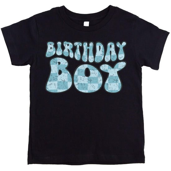 Groovy blue check birthday boy graphic tee for infant and toddler boys on black shirt
