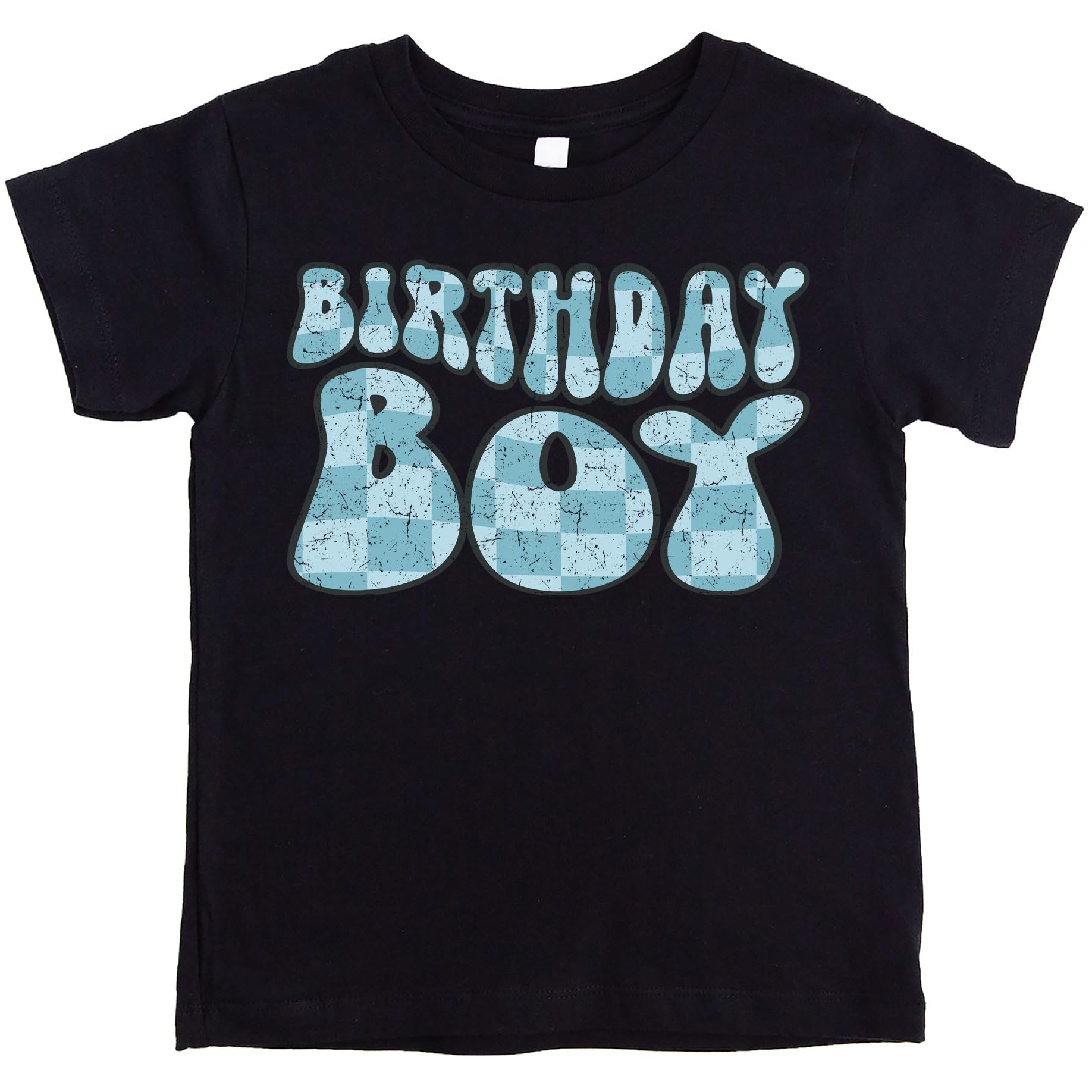 Groovy blue check birthday boy graphic tee for infant and toddler boys on black shirt