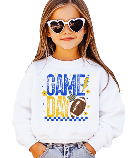 Retro Blue And Yellow Game Day Sweatshirt for Women, Teens & Kids Girly Football Sweater