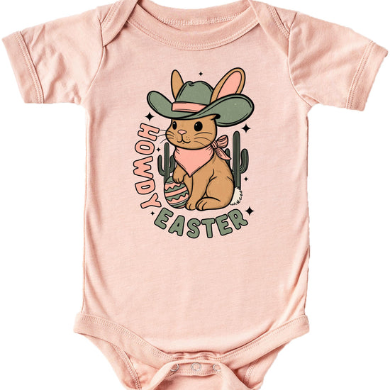 Peach baby girl bodysuit with howdy western cowboy bunny Easter graphic design